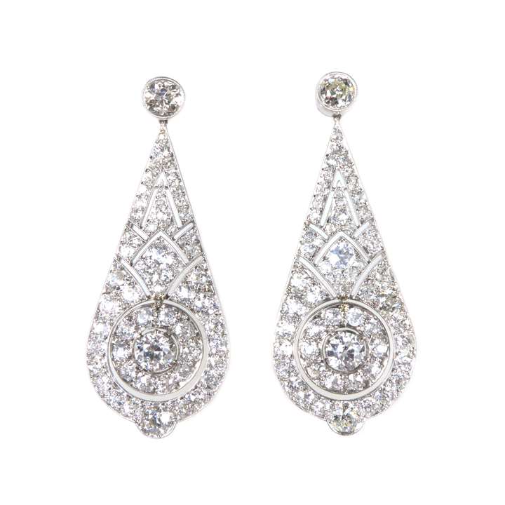 Pair of diamond teardrop panel pendant earrings